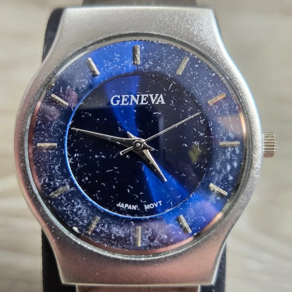 Geneva Blue Dial Cuff Bangle Women's Watch Silver Tone Japan Movt Untested